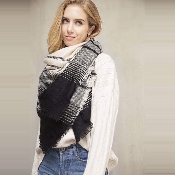 Cream Grey Black Ultra Plush Plaid Blanket Scarf - Picture 2 of 8